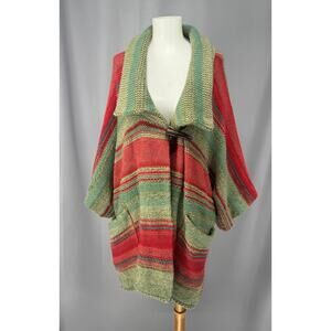 Ralph Lauren Sweater Coat Womens Large Red Knit Stripe Poncho Cashmere Blend